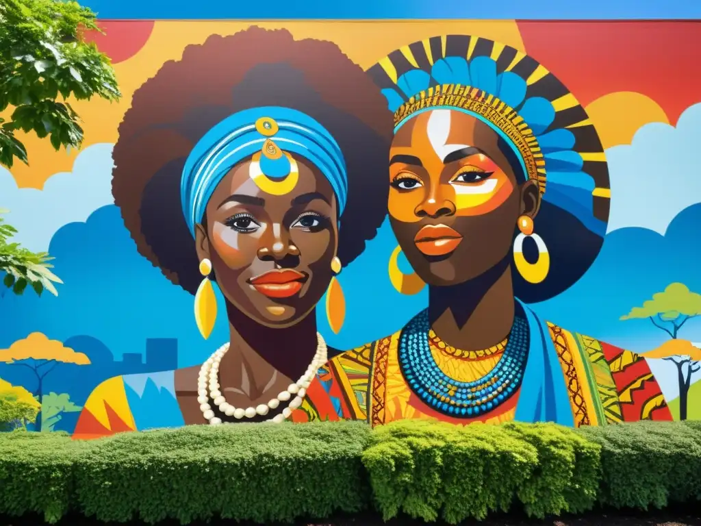 Un vibrante mural que celebra la identidad africana con patrones coloridos, ropa tradicional y expresiones alegres