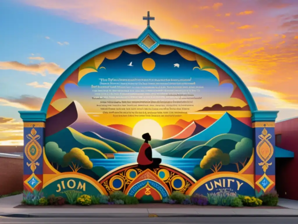 Mural vibrante de unidad cultural y poesía al atardecer Un vibrante mural que representa la unión de personas diversas a través de la poesía, en medio de un atardecer cálido y dorado