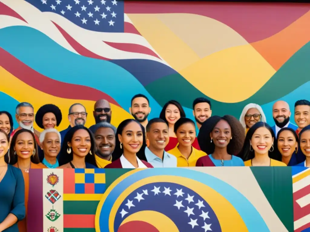 Un vibrante mural de personas diversas recitando poesía, representando su identidad con banderas