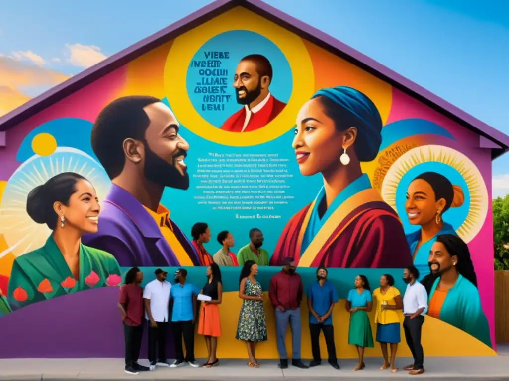 Un vibrante mural de poetas de diversas culturas y lenguas recitando versos en su idioma nativo, capturando la pasión y unidad de la poesía