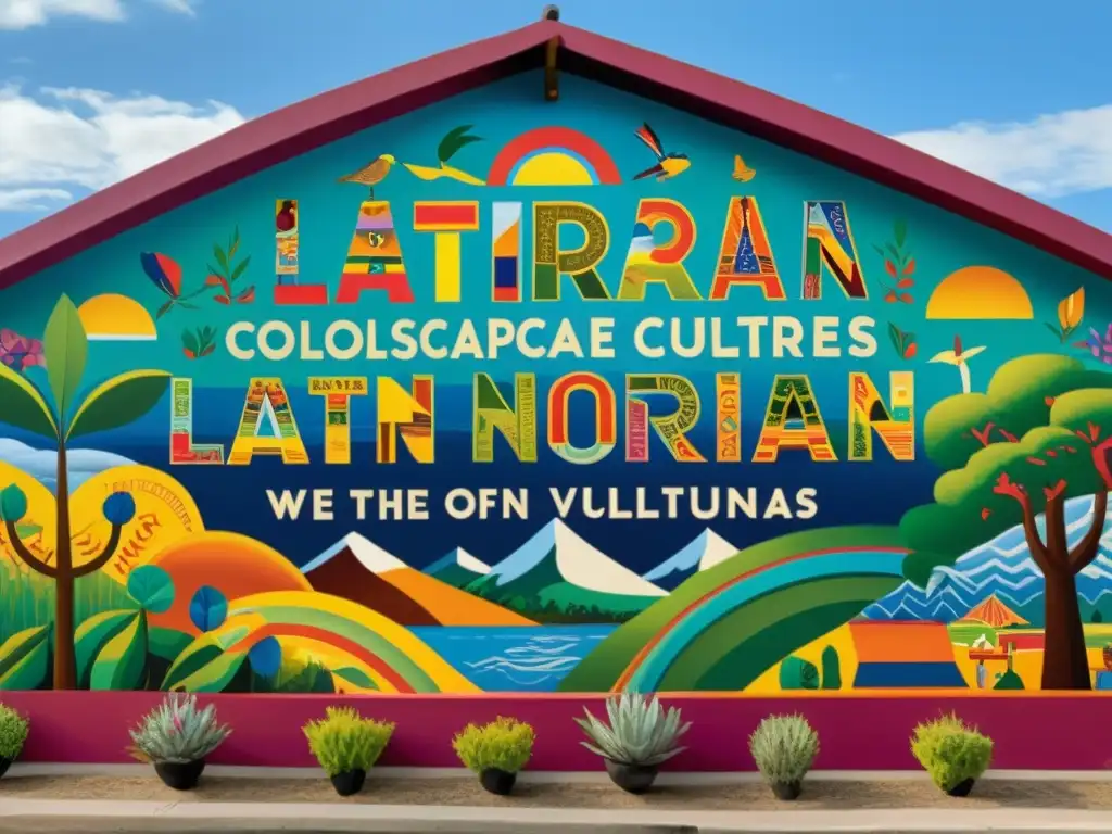 Vibrante mural celebrando la traducción colaborativa y la poesía latinoamericana, con paisajes y culturas variadas entrelazadas en colores y palabras