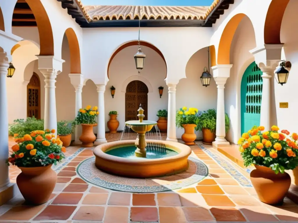 Vibrante patio andaluz con flores, fuente y arquitectura detallada, evocando festivales de poesía internacionales