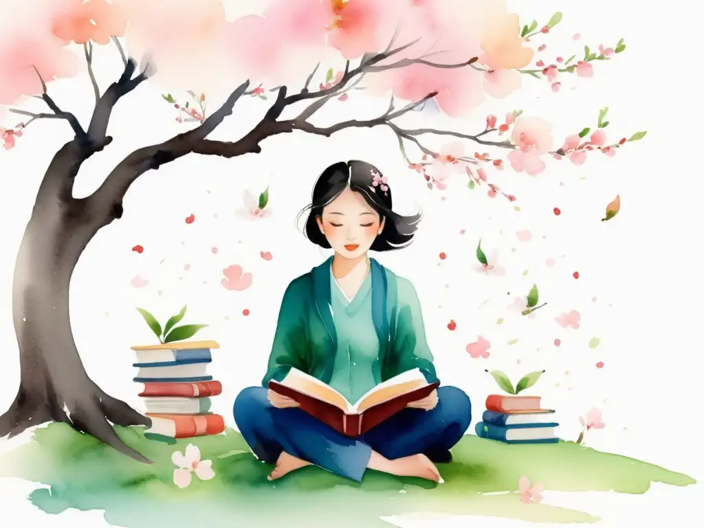 Una ilustración acuarela vibrante de una persona bajo un cerezo en flor, rodeada de libros con poesía de diferentes idiomas