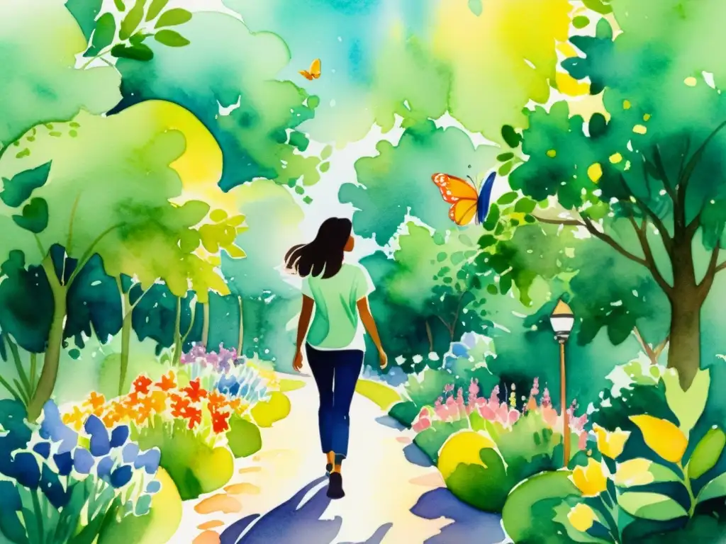 Jardín Sensorial: Exploración Poética en Acuarela Una ilustración acuarela vibrante de una persona caminando en un exuberante jardín sensorial, abrazando la belleza y la tranquilidad