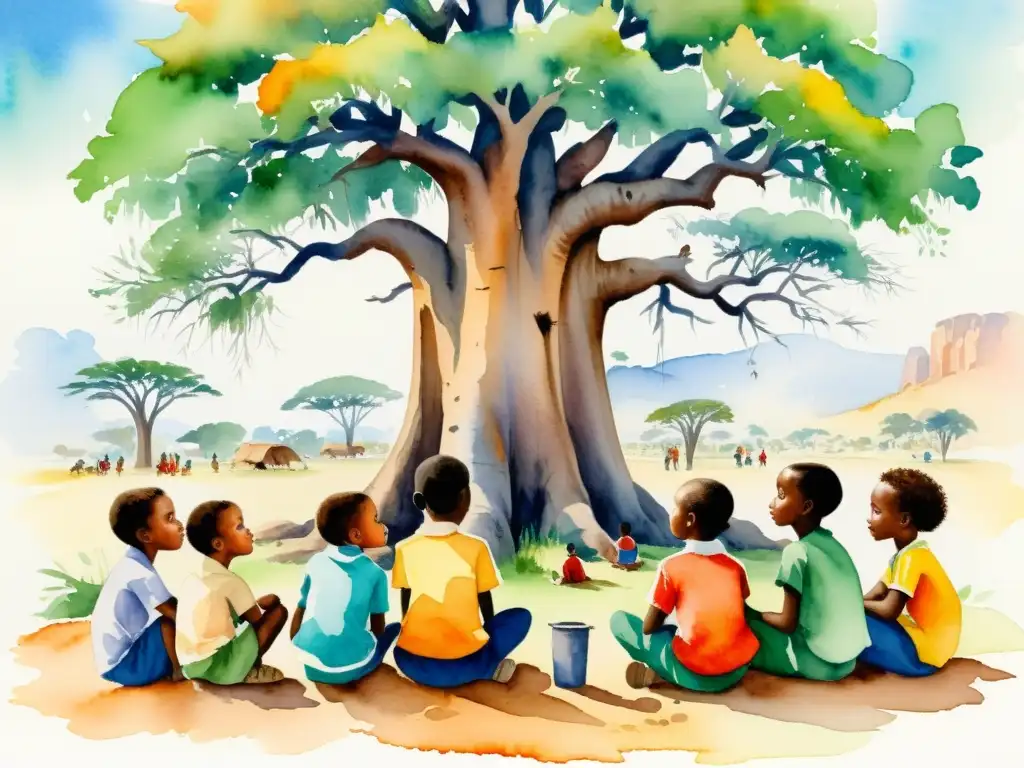 Vibrante pintura acuarela: niños africanos bajo baobab, aprendiendo poesía