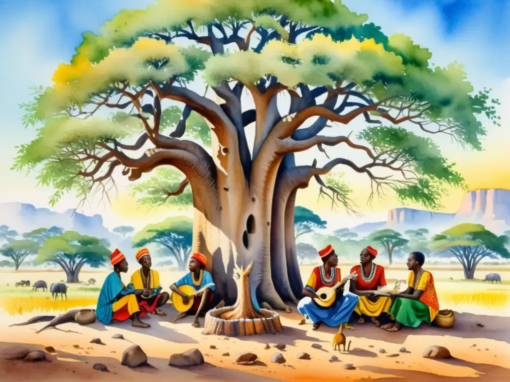 Vibrante pintura acuarela de griots africanos bajo baobab, tocando instrumentos y recitando poesía tradicional