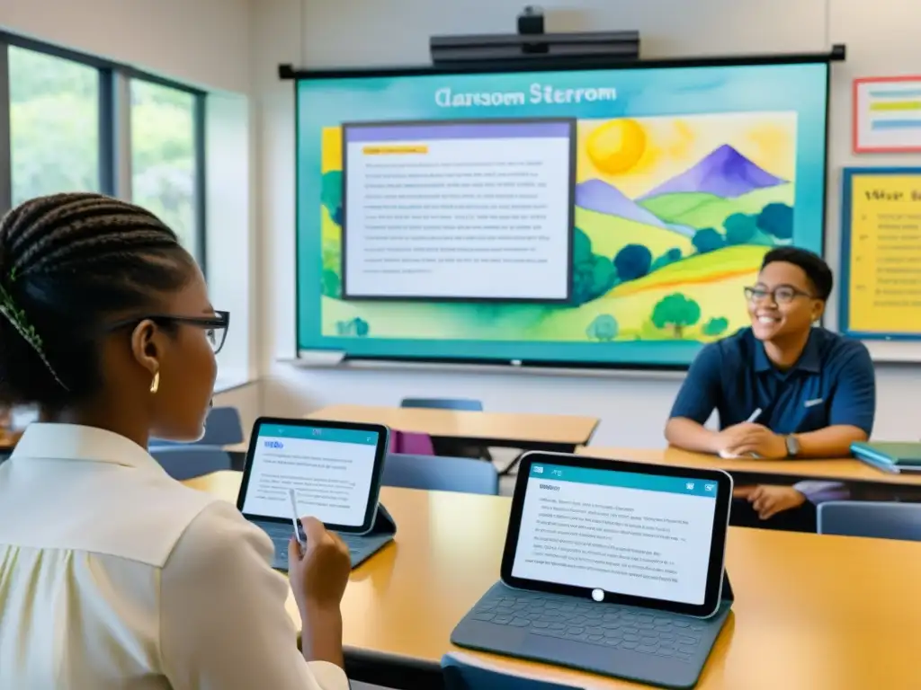 Vibrante pintura acuarela de aula moderna con enseñanza de la poesía en la era digital