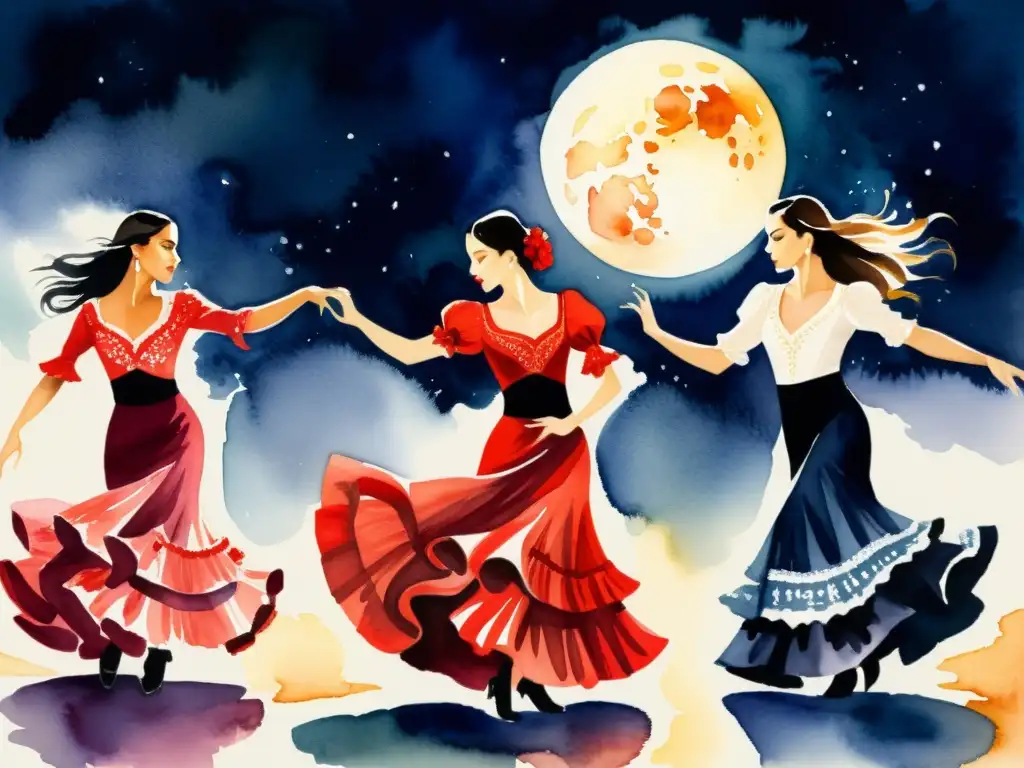 Vibrante pintura acuarela de bailarines de flamenco bajo la luna, capturando la intensidad y emoción del Romancero Gitano de Lorca