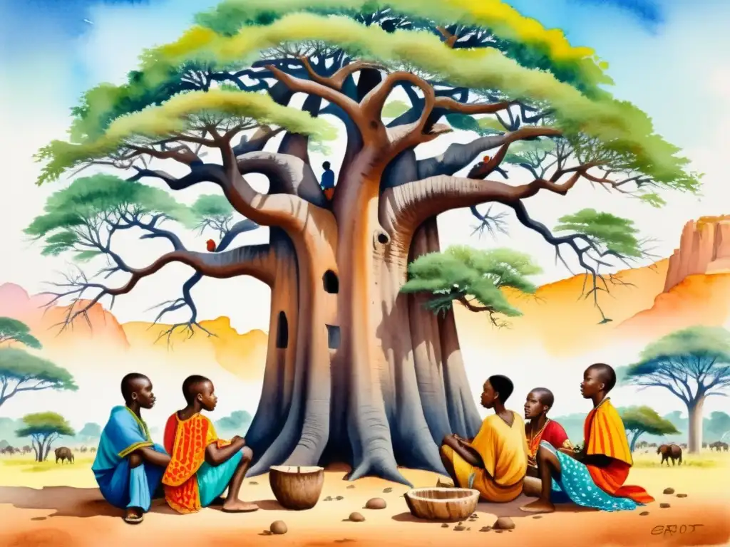 Vibrante pintura acuarela de griots bajo un baobab, tocando instrumentos y recitando poesía