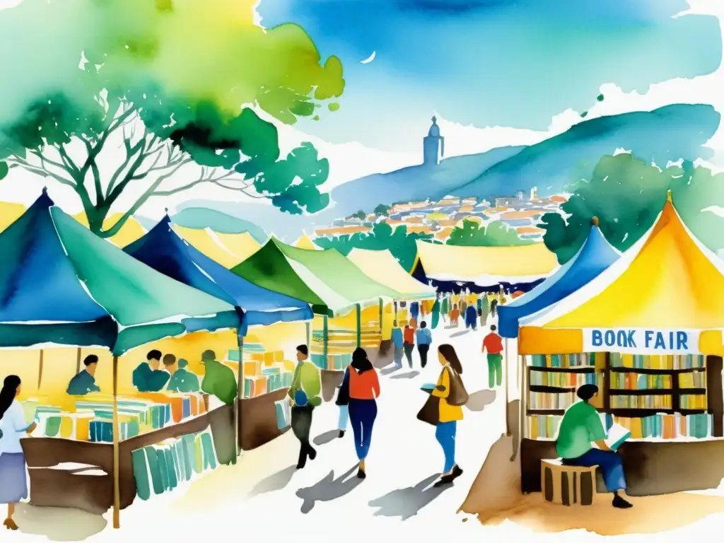 Colorida feria del libro en Bogotá: poesía y comunidad Vibrante pintura acuarela de la bulliciosa Feria del Libro Bogotá, con poetas y novedades poéticas en un ambiente creativo y comunitario