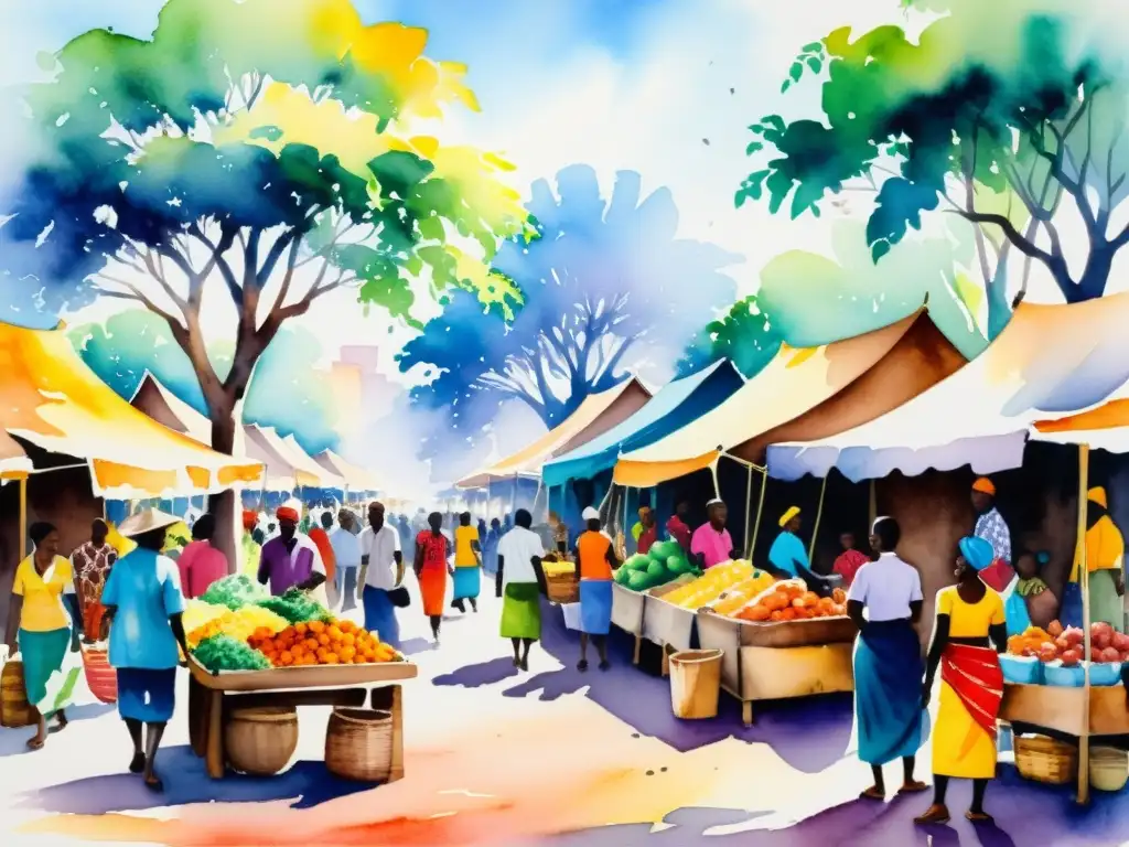 Vibrante pintura acuarela de un bullicioso mercado africano, con puestos coloridos, vendedores animados y una multitud diversa