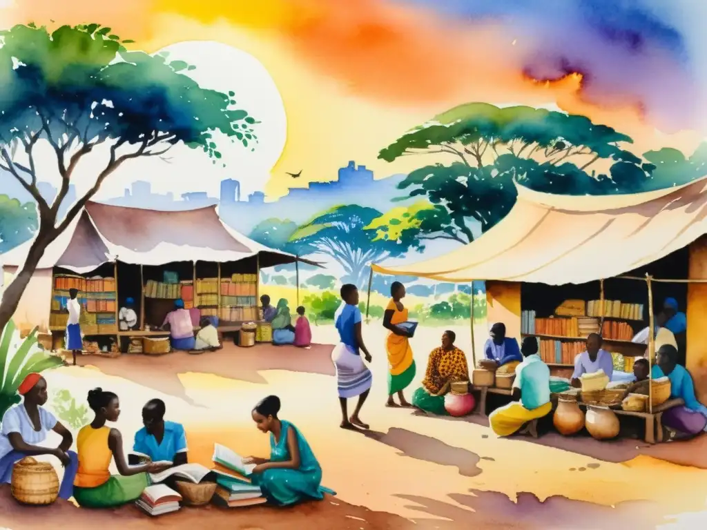 Vibrante pintura acuarela de un bullicioso mercado africano, con poesía en la era digital África, energía creativa y comunidad palpable