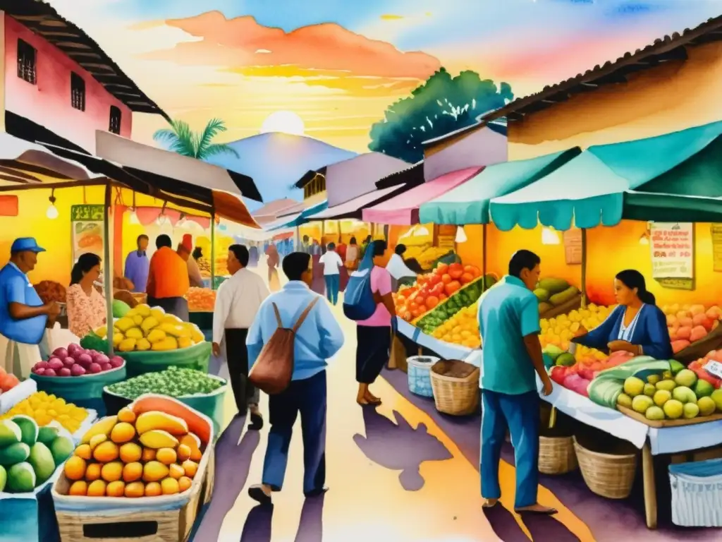 Vibrante pintura acuarela de un bullicioso mercado latinoamericano al atardecer, repleto de frutas, artesanías y textiles