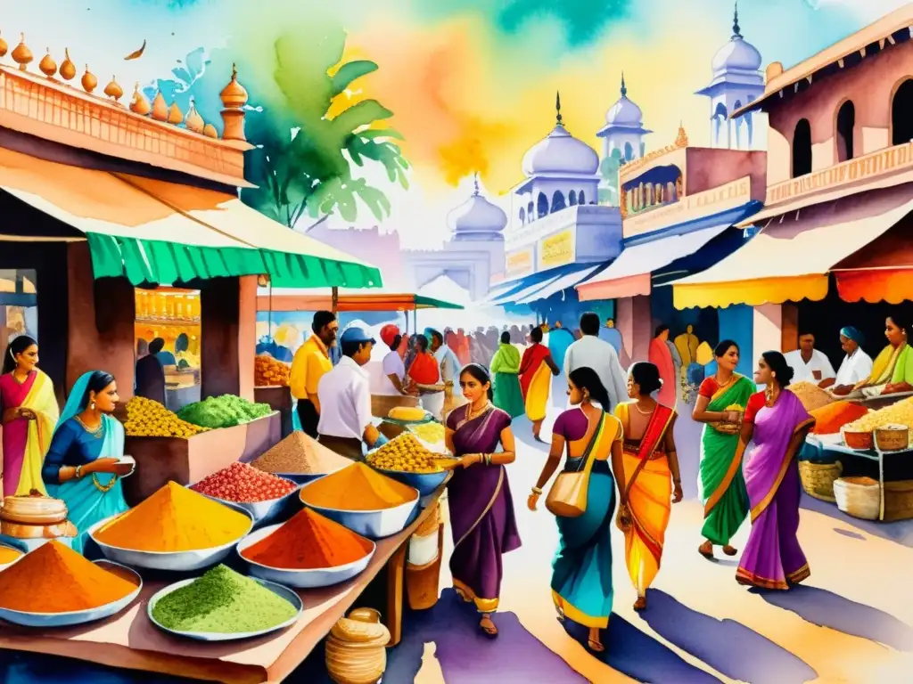 Vibrante pintura acuarela de un bullicioso mercado indio, capturando la poesía de la India postindependencia y la fusión de culturas del mundo