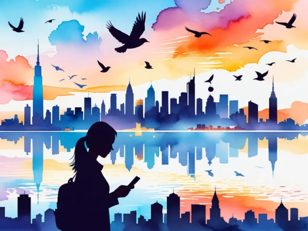 Vibrante pintura acuarela de ciudad al atardecer, con persona escribiendo en móvil, Twitter bird y poesía en varios idiomas