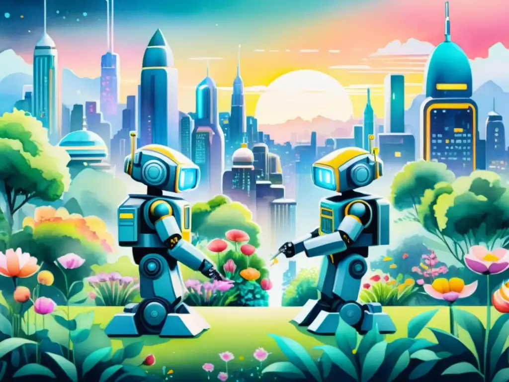 Vibrante pintura acuarela de ciudad futurista con robots AI componiendo poesía en jardín rodeado de flores y luces neón