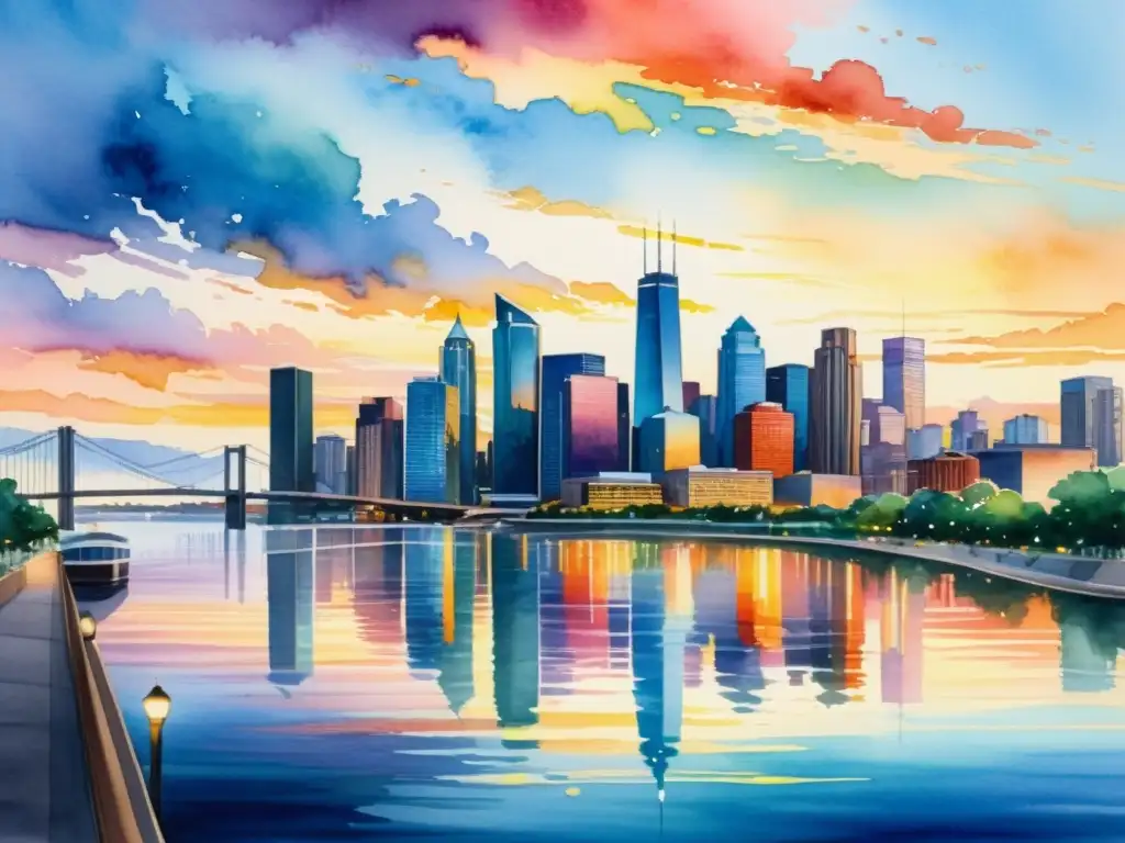 Vibrante pintura acuarela de una ciudad moderna al atardecer, reflejada en el río