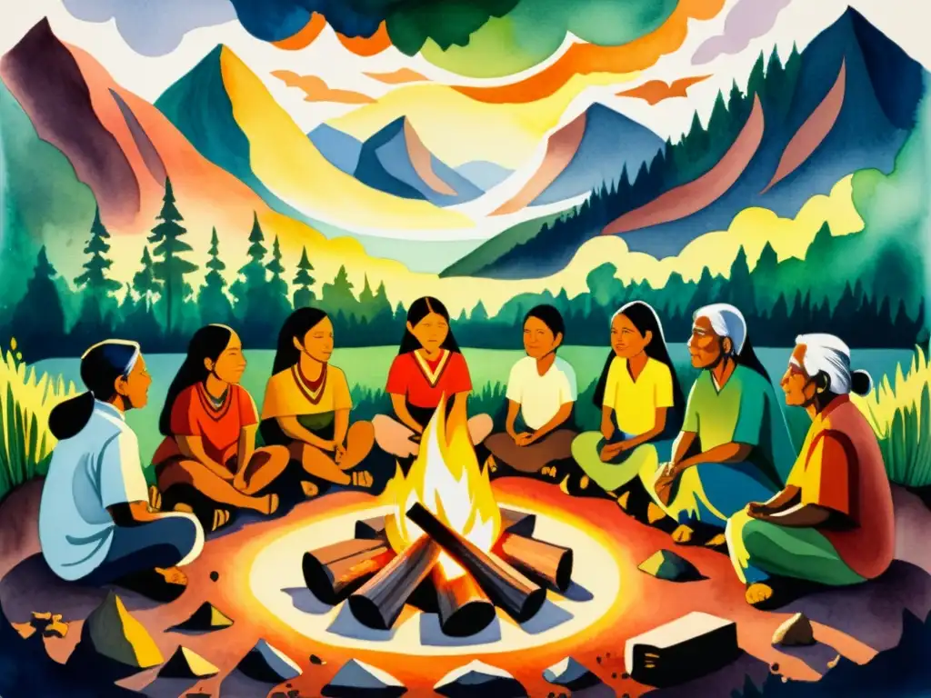 Vibrante comunidad indígena escuchando poesía ancestral alrededor del fuego Vibrante pintura acuarela de comunidad indígena escuchando poesía ancestral alrededor de fogata