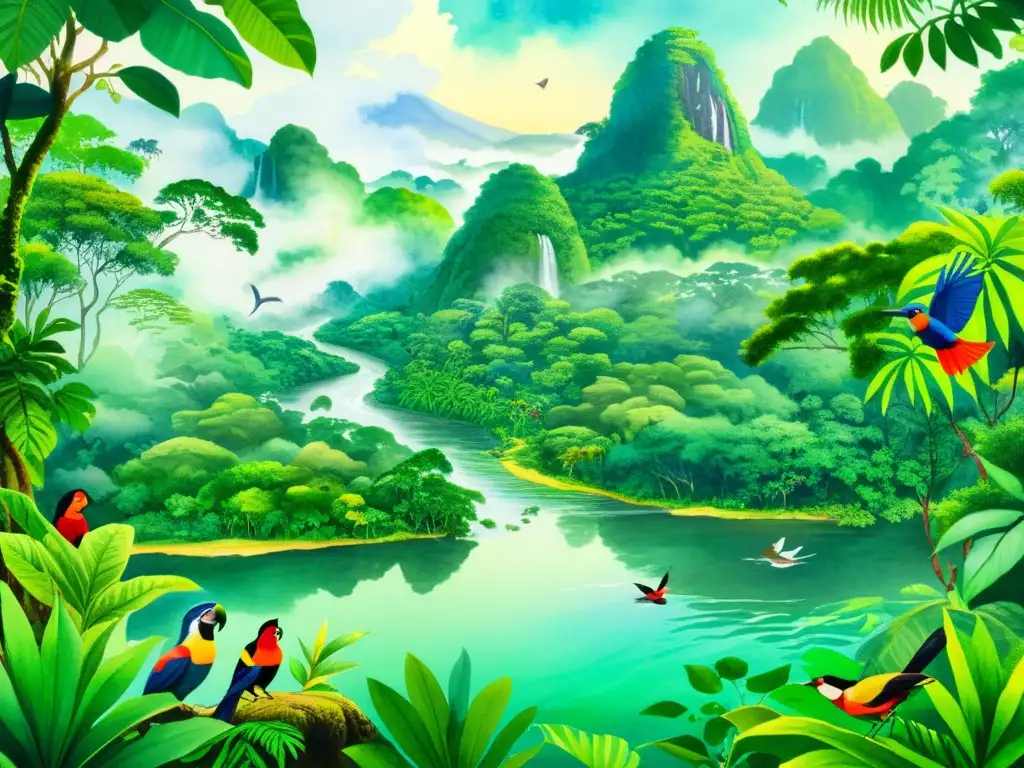 Vibrante pintura acuarela detallada de la selva amazónica con poetas indígenas compartiendo versos, evocando la diseminación de la poesía indígena