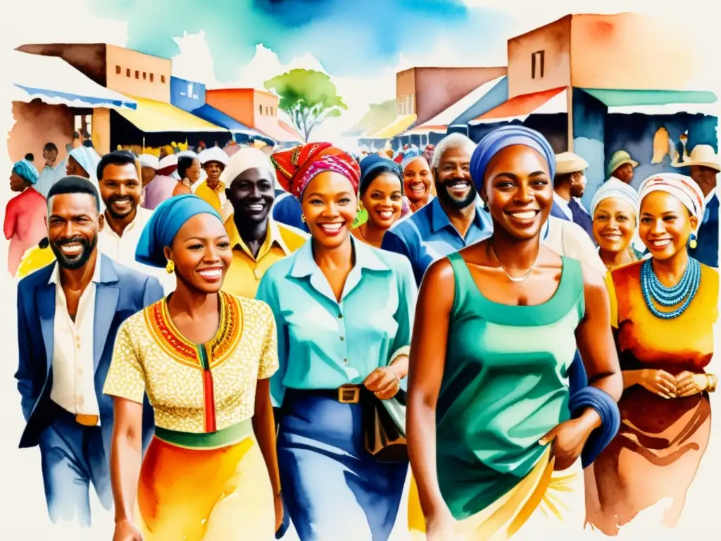 Vibrante pintura acuarela de diversidad cultural en un bullicioso mercado sudafricano, evocando la poesía sudafricana postapartheid