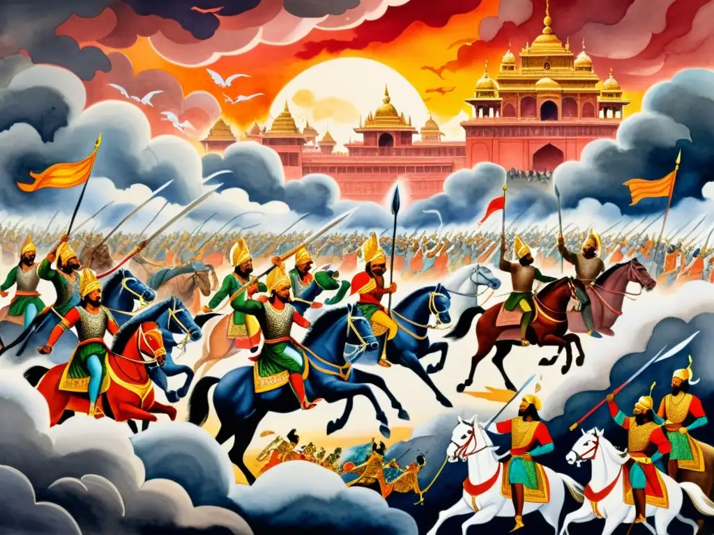 Vibrante pintura acuarela de la épica batalla de Kurukshetra del Mahabharata, con detalles intrincados y colores saturados, influencia de la poesía épica India Mahabharata