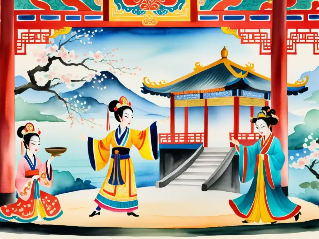 Vibrante pintura acuarela de una escena de ópera china tradicional, con artistas expresivos y escenario adornado