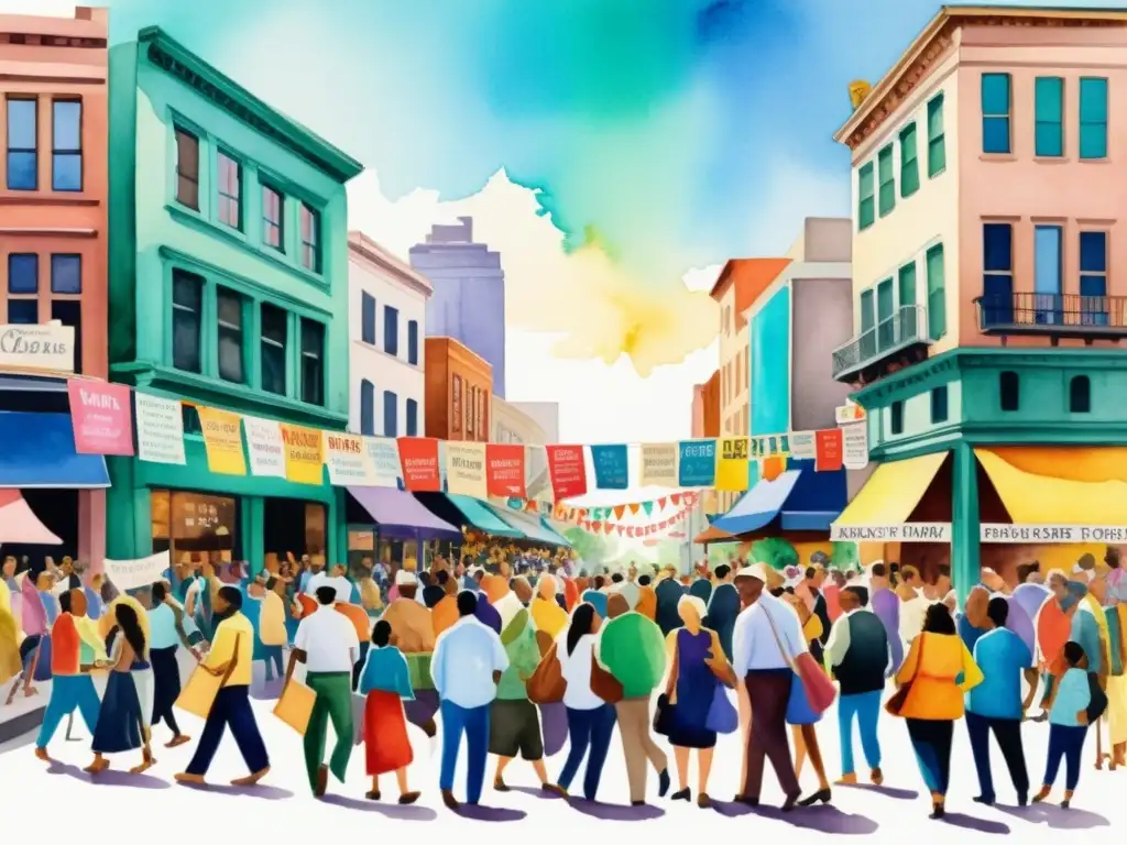 Vibrante pintura acuarela de esquina de ciudad con festival de poesía y sociedad, lleno de energía y creatividad