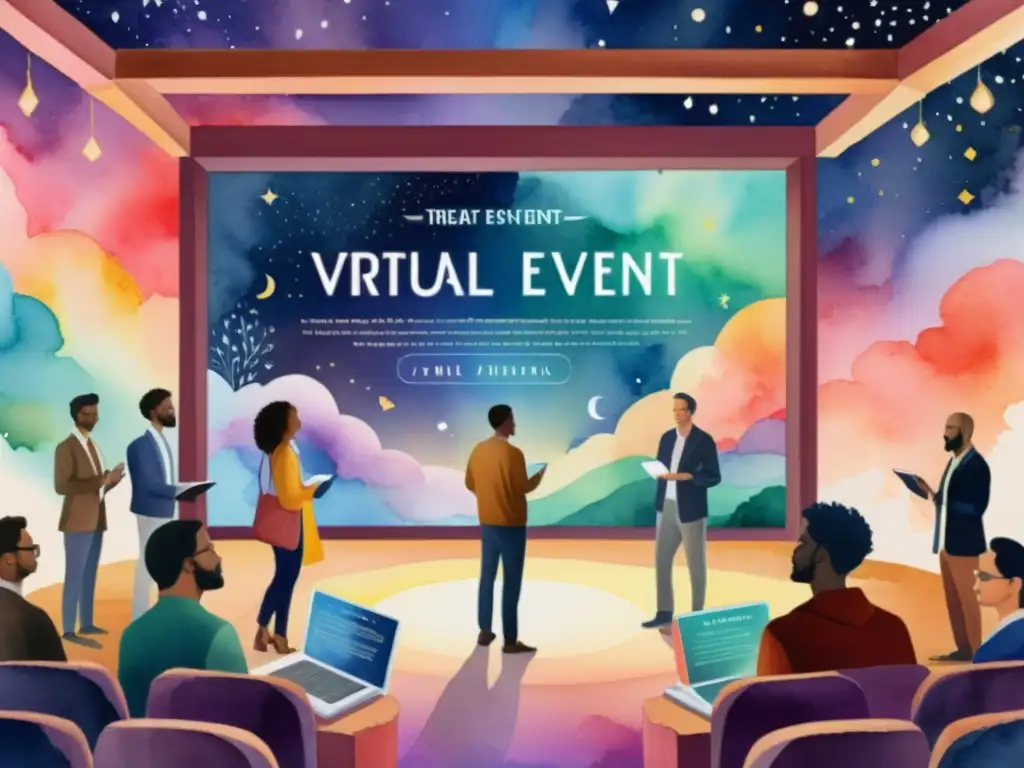 Vibrante pintura acuarela de un evento poético virtual en la era digital, con poetas diversos actuando en un escenario digital, rodeados de una atmósfera etérea y onírica