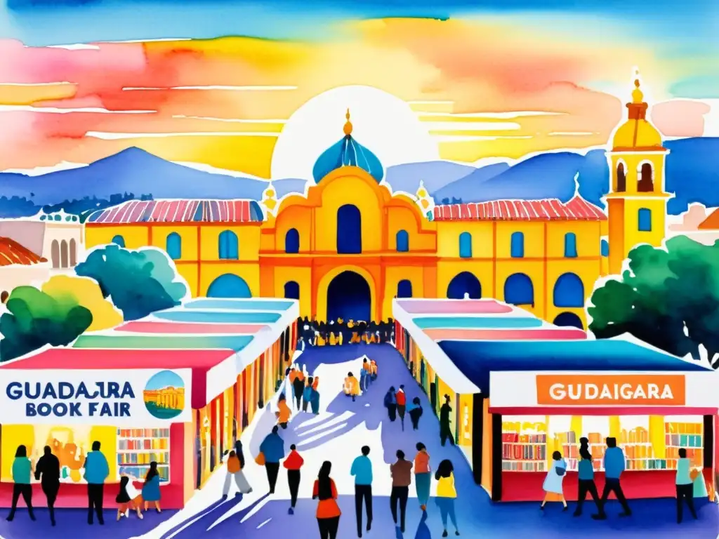 Vibrante pintura acuarela de la Feria del Libro Guadalajara, con bulliciosa multitud entre coloridos puestos de libros y atardecer dorado reflejado en la fuente central, capturando su esencia cultural y animada