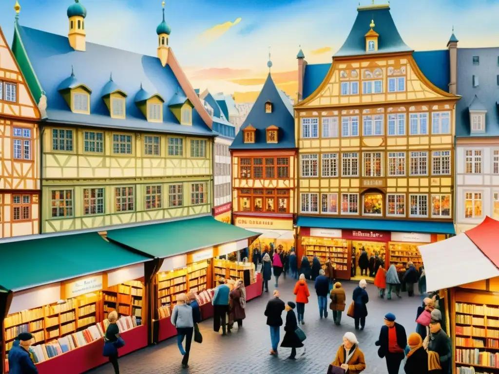 Vibrante pintura acuarela de la Feria del Libro de Frankfurt, con riqueza poesía épocas culturas mundo