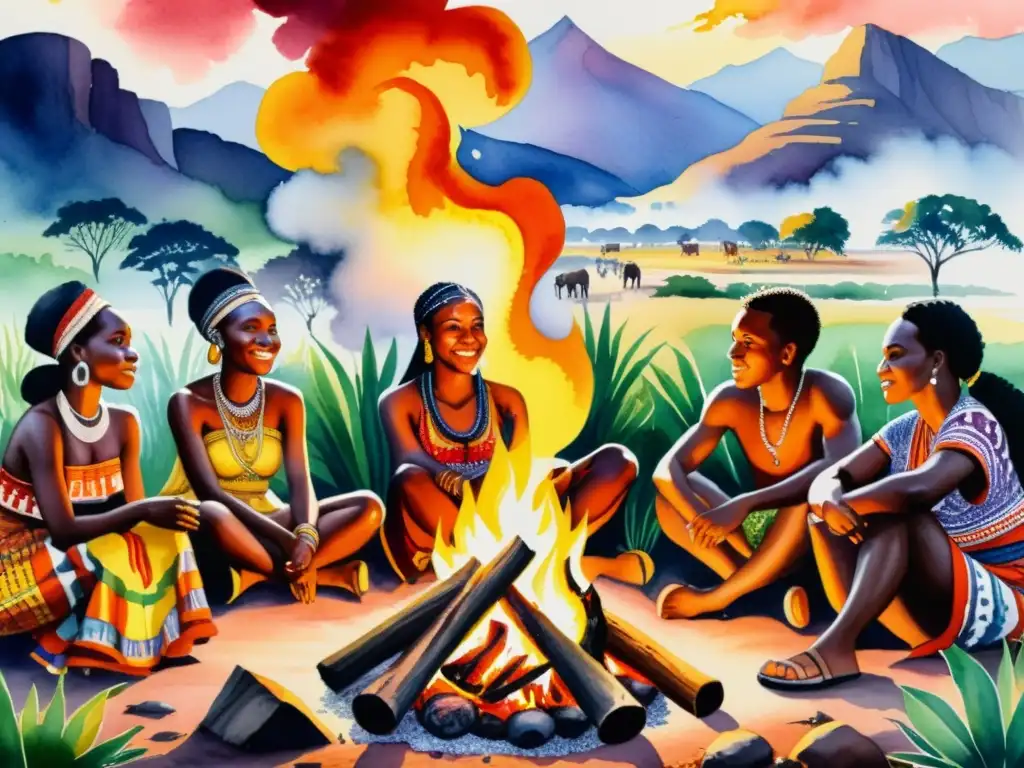 Vibrante pintura acuarela de indígenas africanos alrededor del fuego, con paisajes exuberantes y tradiciones poéticas que celebran la poesía indígena africana y sus culturas