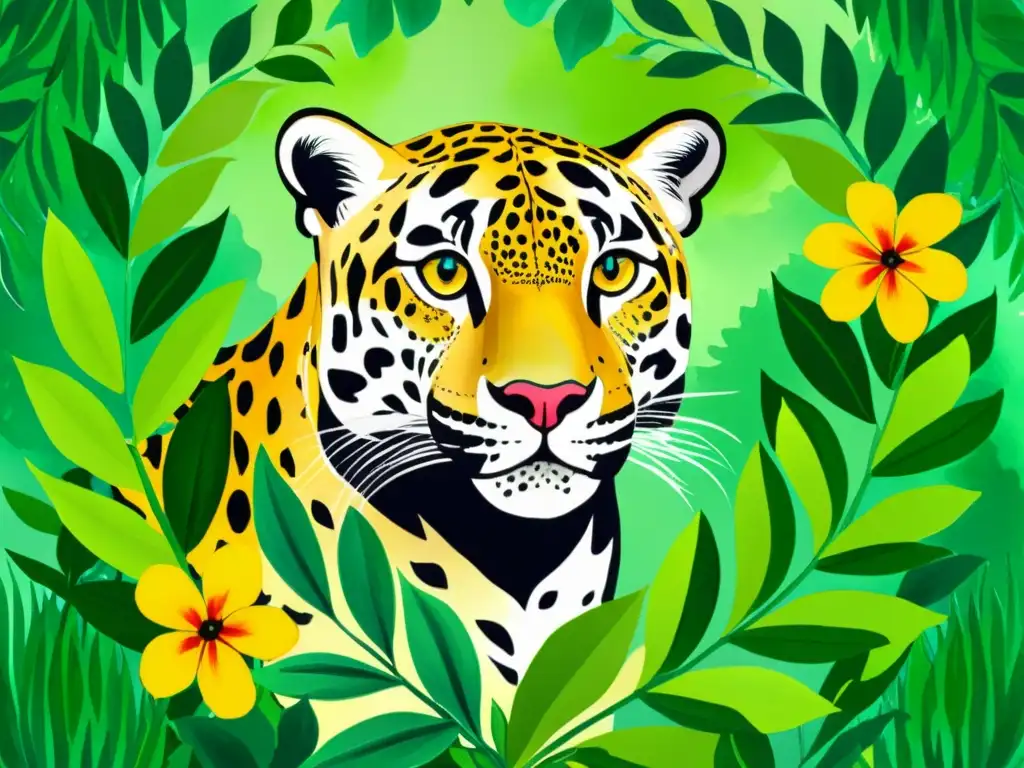 Jaguar de la resistencia: Pintura acuarela de la selva latinoamericana Vibrante pintura acuarela de una jungla exuberante con jaguar, expresando la resistencia de la poesía feminista latinoamericana