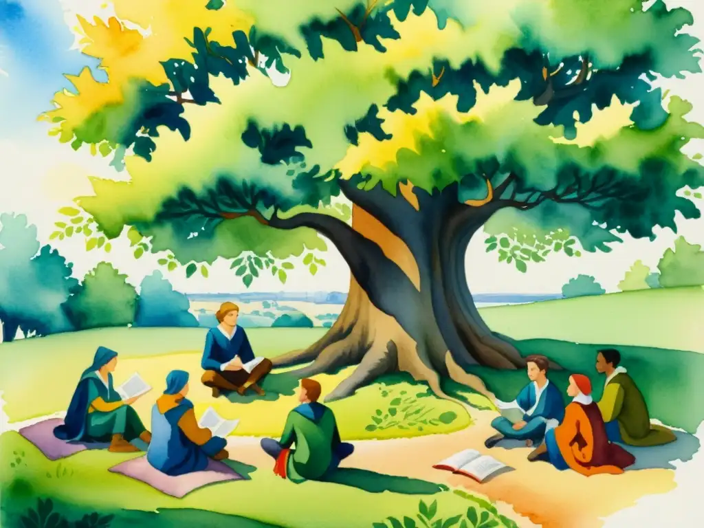 Vibrante pintura acuarela de poesía irreverente en la Edad Media, goliardos bajo un árbol, discutiendo animadamente