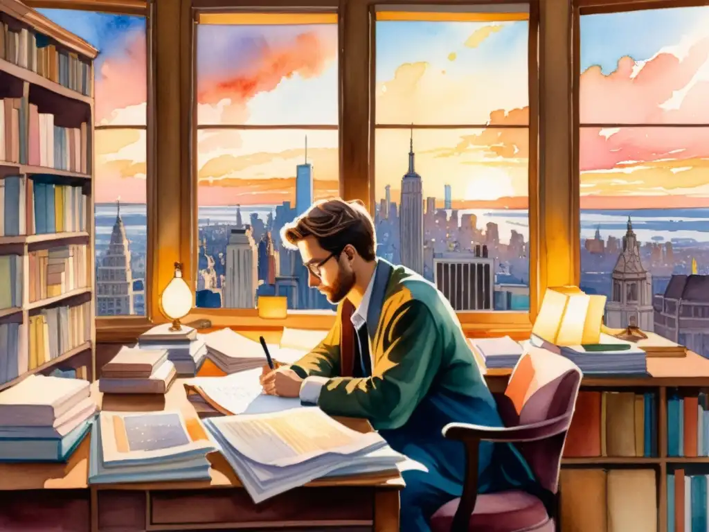 Vibrante pintura acuarela de un poeta escribiendo en su escritorio, rodeado de libros, contemplando la ciudad al atardecer