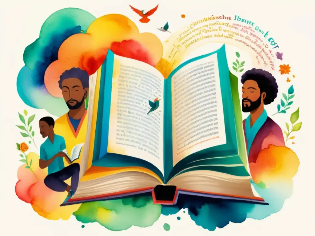 Poetas de la historia: colaboración creativa Vibrante pintura acuarela de poetas de épocas y culturas diversas, explorando la poesía experimental
