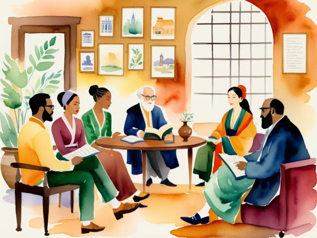 Vibrante pintura acuarela de poetas diversos en animado salón literario, capturando la esencia de la ironía en poesía
