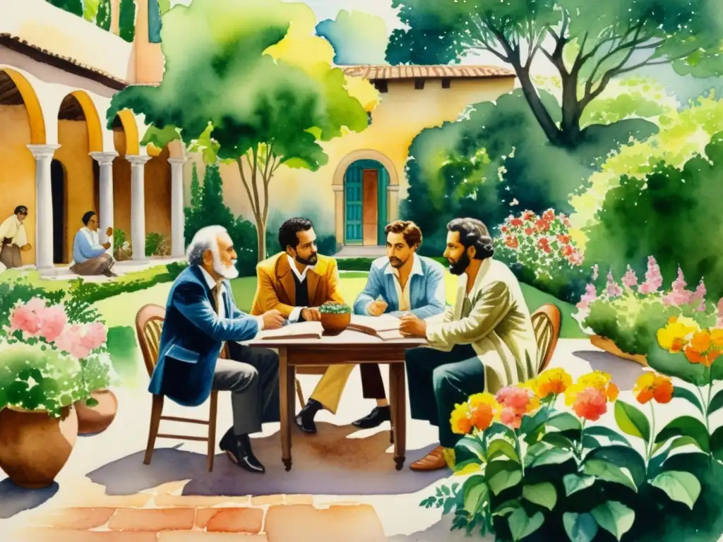 Vibrante pintura acuarela de poetas del Siglo de Oro disfrutando en un patio soleado rodeado de flores y follaje exuberante