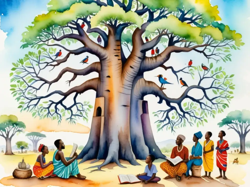 Vibrante pintura acuarela de poetas africanos recitando bajo un baobab al atardecer, destacando la importancia de la poesía africana