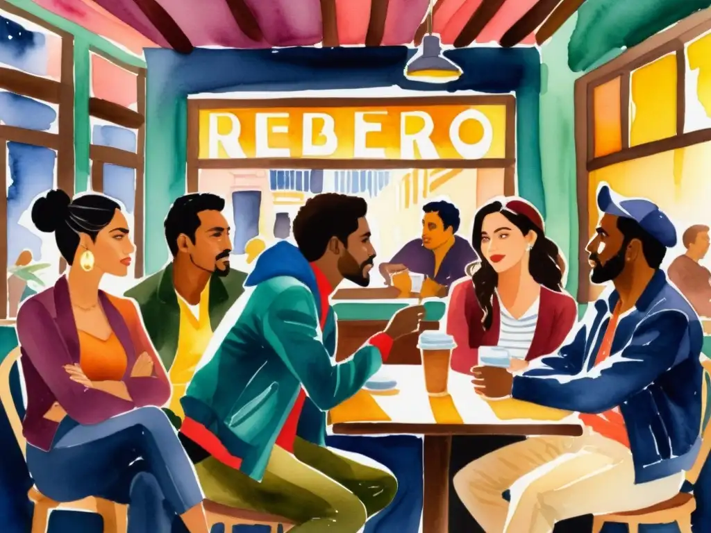 Vibrante pintura acuarela de poetas rebeldes de Iberoamérica en animada discusión en un café, capturando la poesía transgresora en la región