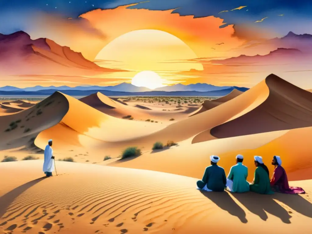 Vibrante pintura acuarela de poetas del Magreb en el desierto, inspirados por su historia y poesía bajo un atardecer dorado