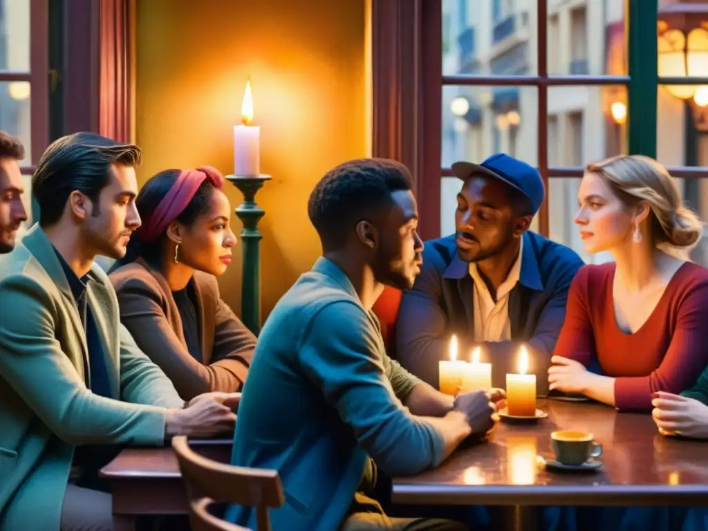 Vibrante pintura acuarela de poetas y revolucionarios en un café parisino, recitando versos de cambio con pasión