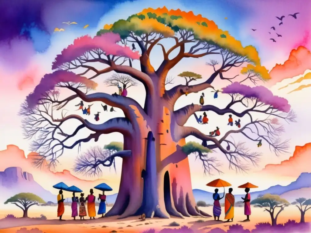 Vibrante pintura acuarela de griots bajo baobab, con resonancias poéticas del África Occidental en paisaje cálido y ancestral