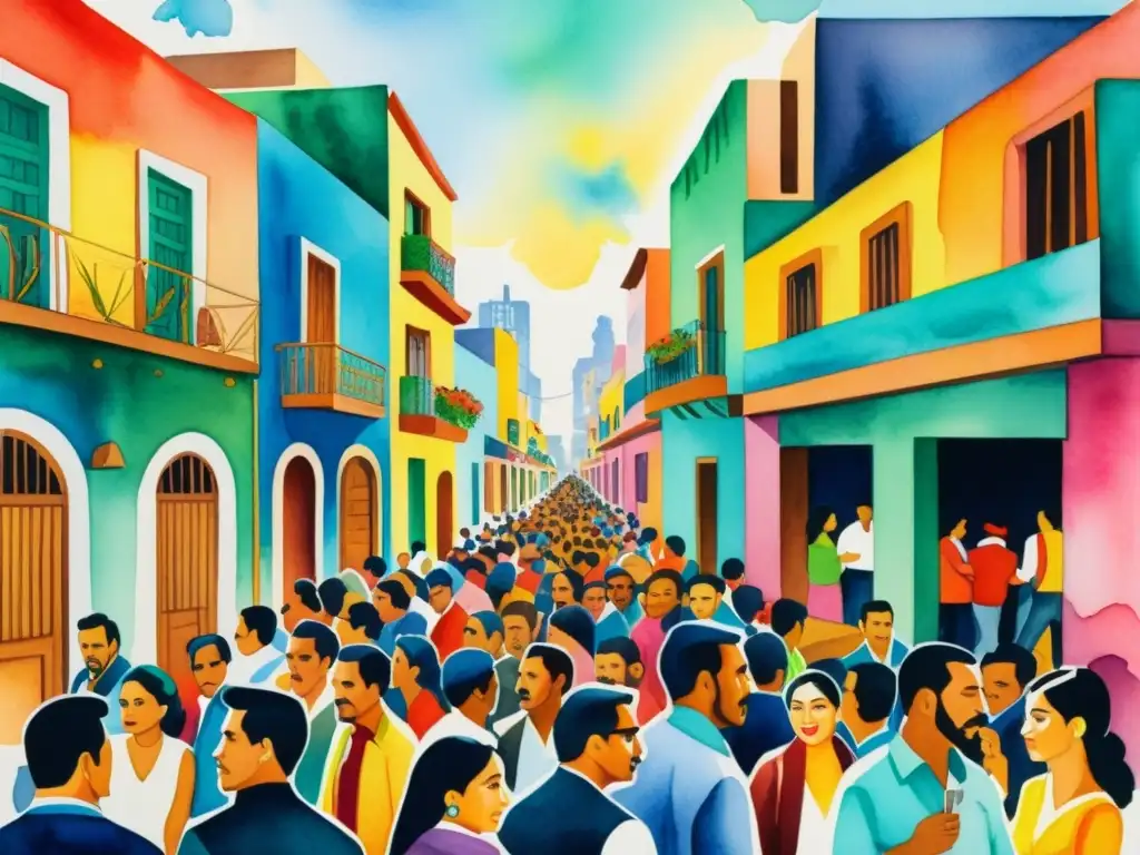 Vibrante pintura acuarela de la Revolución del Estridentismo Mexicano, con caos y energía en calles llenas y poetas apasionados recitando en primer plano