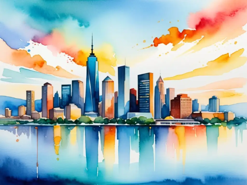 Una vibrante pintura acuarela de un skyline urbano moderno al atardecer, con pinceladas dinámicas que capturan la energía de la ciudad