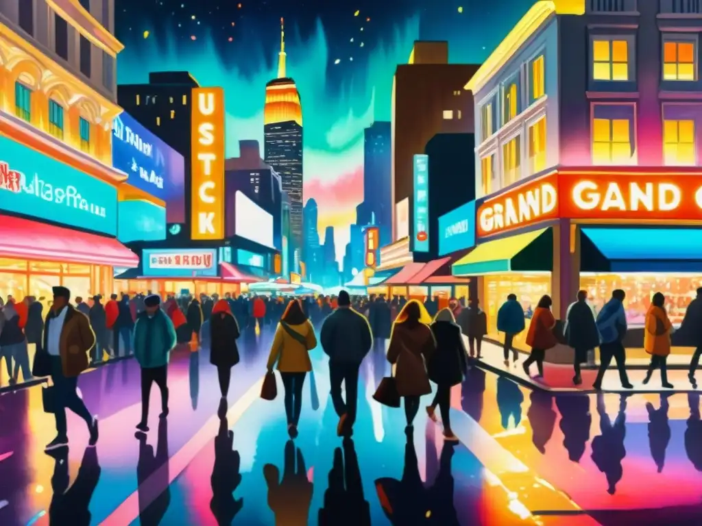 Cityscape nocturno: acuarela vibrante de 8k Vibrante pintura acuarela 8k de una bulliciosa ciudad de noche, con luces de neón iluminando calles mojadas, reflejando en el pavimento