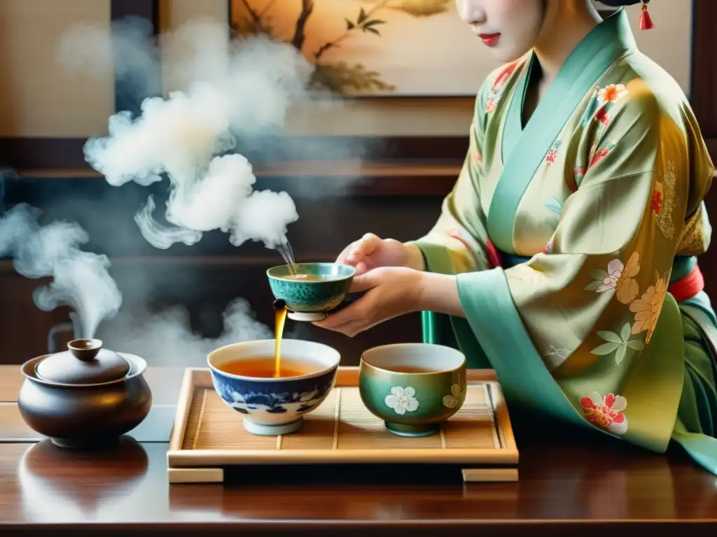 Vibrante pintura de una ceremonia del té japonesa, con patrones detallados en la vajilla y concentración serena