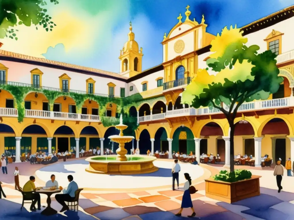 Vibrante pintura acuarela: plaza española en el Siglo de Oro, poetas y escritores debaten bajo cálida luz, rodeados de arquitectura ornamental