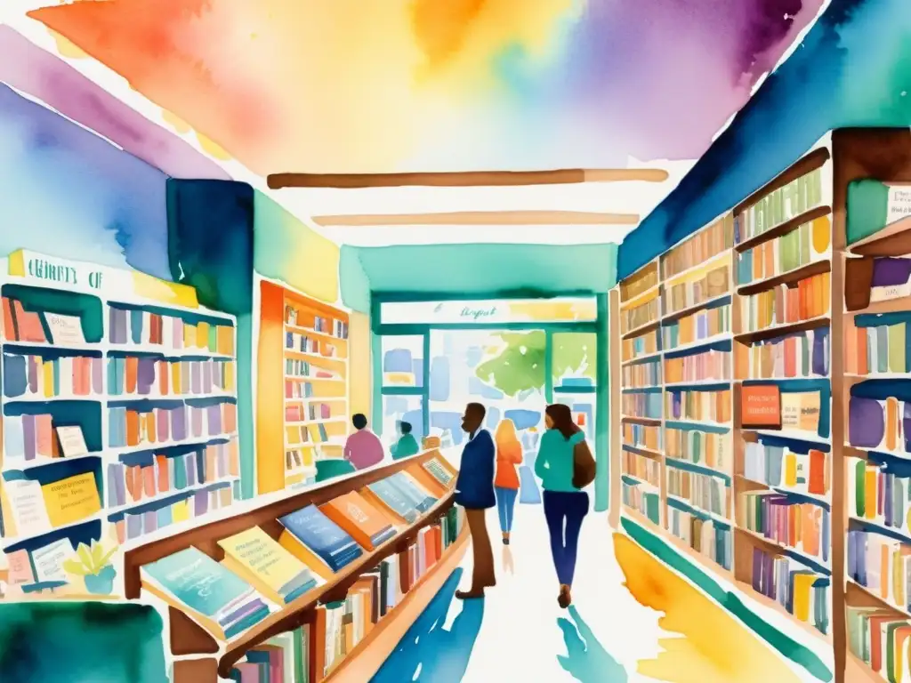 Vibrante pintura de una librería moderna con poesía colorida y gente disfrutando de la literatura