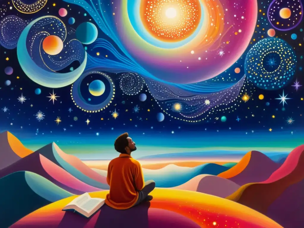 Vibrante pintura de un poeta contemplando el cielo estrellado, con colores que evocan trascendencia y maravilla