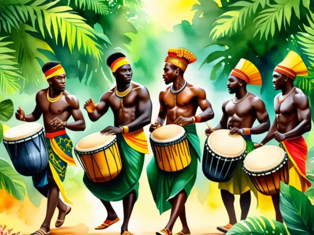 Vibrante pintura de ritmos africanos en la poesía, con tamborileros y bailarines en la exuberante selva, envueltos en colores y pasión